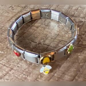 Silver Tone Charm Bracelet Bee Ladybug Clover Flower Crystal Enamel Stretch